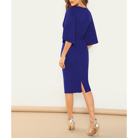 Royal Blue Flutter Sleeve Belted Midi Dress - Picture 2 of 6